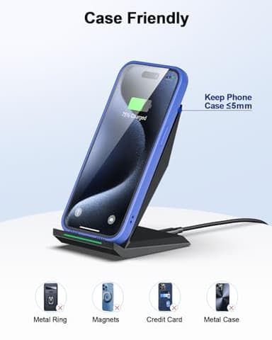 Fast Wireless Charger, NANAMI 15W Qi Certified Wireless Charging Stand Compatible iPhone 17/17 Air/16/15/15 Pro/15 Plus/15 Pro Max/14/13/12, for Samsung Galaxy S25/S24/S23/S22/S21 and Qi-Enabled Phone - Image 5