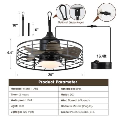 jazimar Outdoor Caged Ceiling Fan with Lights, 20" Waterproof Plug-in Fixtures, App/Remote Control, 3 Color Temperatures LED, 6 Speed Reversible DC Motor, for Indoor Farmhouse Porch Patios - Image 2