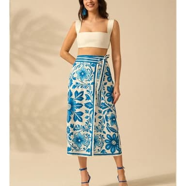 Talakeno Womens Floral Wrap Midi Skirt Summer Adjustable Tie Side Casual High Waist A Line Beach Boho Long Flared Skirts(Blue,M) - Image 7