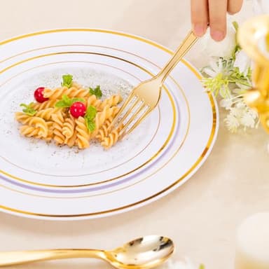 DaYammi 350PCS Gold Plastic Dinnerware Set for 50 Guests, Fancy Disposable Plates for Party, Include: 50 Dinner Plates, 50 Dessert Plates, 50 Pre Rolled Napkins with Gold Silverware, 50 Cups - Image 5