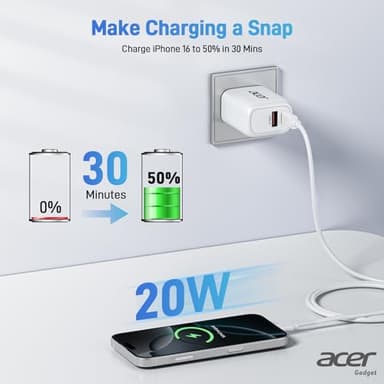 Acer USB C Charger Block, 3-Pack 20W Dual Port Type C Fast Charging, Wall Plug Adapter with 3-Pack 6.6FT Fast Power Cables Compatible with iPhone 16/15/ iPad Pro/ Air/ AirPods, iwatch, Galaxy - Image 3