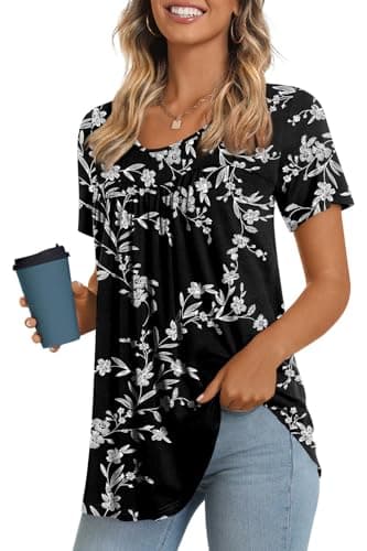 LONGYUAN Woman Soft Tunic Tops Summer Comfy Blouse 2025 Short Sleeve Shirts Flower Print Stretch Tee Fl Medium - Image 1