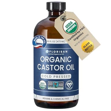 Florisan Organic Castor Oil 16oz Glass Bottle, Cold Pressed, Hexane-Free, Non-GMO, 100% Pure Castor Oil for Hair Growth, Skin, Lashes, Eyebrows, EWG Verified & USDA Organic Certified - Image 1