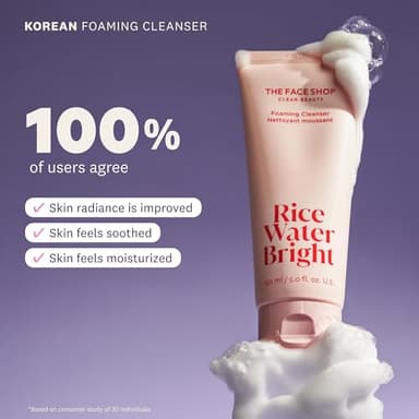 The Face Shop Rice Water Bright Foaming Facial Cleanser with Ceramide, Gentle Face Wash for Hydrating & Moisturizing, Vegan Face Cleanser, Makeup Remover, Korean Skin Care for All Skin Types, 300ml - Image 4