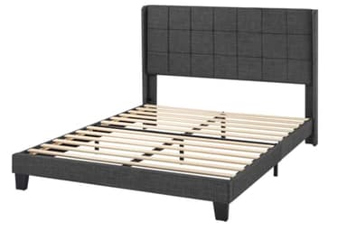 Allewie Queen Size Platform Bed Frame with Wingback, Fabric Upholstered Square Stitched Headboard and Wooden Slats, Mattress Foundation, Box Spring Optional, Easy Assembly, Dark Grey - Image 8