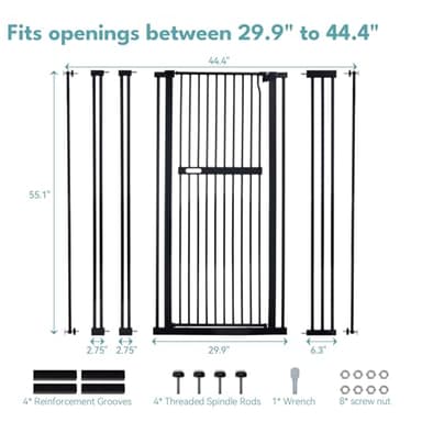 No Pawblems 55.1" Extra Tall Pet Gate for Cat/Dog, 29.9-44.4" Wide Auto Close Tall Cat Gate, NO Drilling Pressure Mounted for Doorways/Hallways, 1.37" Narrow Bar Spacing, Black - Image 4