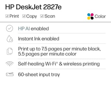 HP DeskJet 2827e Wireless All-in-One Color Inkjet Printer, Scanner, Copier, Best-for-Home, 3 Month Instant Ink Trial Included, AI-Enabled (6W7F5A) - Image 2