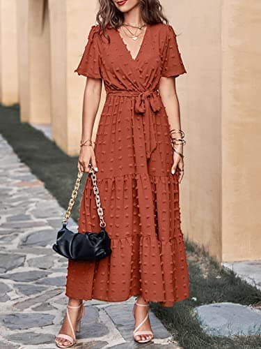 MASCOMODA Womens Boho Swiss Dot Maxi Dresses Wrap V Neck Flutter Short Sleeve Solid Tie Belt A Line Tiered Flowy Long Dress(Orange,X-Large) - Image 7