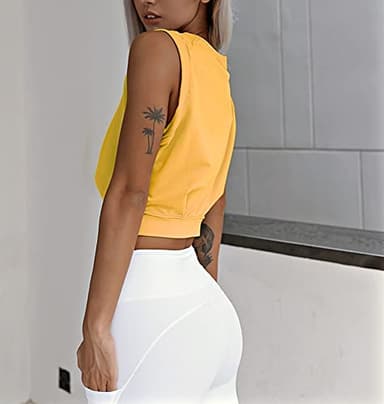 ARRIVE GUIDE Workout Crop Tops for Women Cute Loose Fit Tank Top Casual Summer Yoga Athletic Sports Tanks Cinched Waist Cropped Cap Sleeve Gym Cotton T Shirts XS Yellow - Image 3