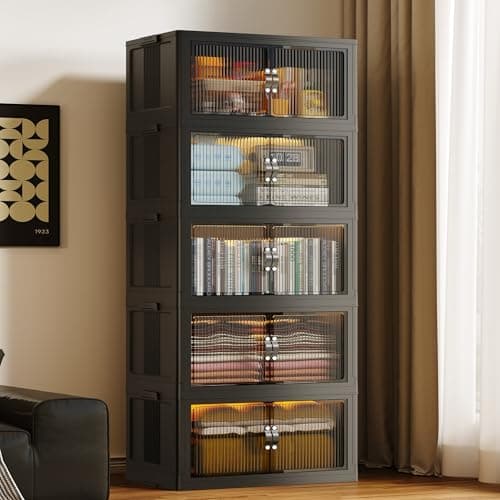 SAILUN 136Gal/543Qt Stackable Storage Bins Folding Collapsible Storage Bins with Lid, Closet Organizers and Storage, Storage Box with Door Black 26" W x 17" D x 71" H - Image 1