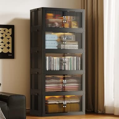 SAILUN 136Gal/543Qt Stackable Storage Bins Folding Collapsible Storage Bins with Lid, Closet Organizers and Storage, Storage Box with Door Black 26" W x 17" D x 71" H - Image 1