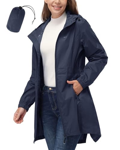 33,000ft Women's Waterproof Long Rain Coats Packable Rain Jacket with Hood Trench Coats Windbreaker - Image 1
