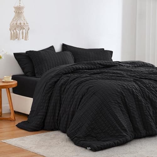 Love's cabin Seersucker Black King Size Comforter Set 7 Pieces, All Season Lightweight Bedding Set, King Bed in a Bag Comforter Set with Comforter, Flat Sheet, Fitted Sheet, Pillowcase and Pillow Sham - Image 1