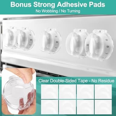 GRENFU Stove Knob Safety Covers (5 + 1 Pack) - Double-Key, Universal Size Gas Stove Knob Locks with Strong Double-Sided Tape, Heat-Resistant Oven Knob Covers for Child Safety/Pet Safety, Clear View - Image 5