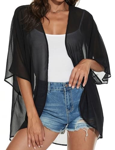 Women Summer Tops Kimono Cardigans Sheer Beach Cover Ups Chiffon Open Front Shirts （Black,L - Image 5
