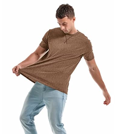 KLIEGOU Men's T-Shirts - Elasticity Cotton Crew Neck Tees 2166 Khaki XL - Image 4