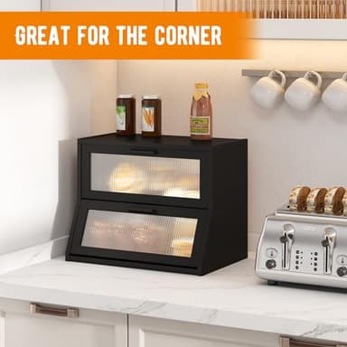 GHWIE Double Layer Bamboo Bread Box for Kitchen Counter,Large Capacity Bread Storage Bin,Bread Container with Acrylic Wavy Door Panel (Black, Medium) - Image 4