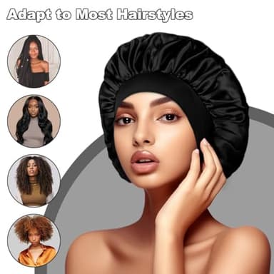 KEPUWAY Satin Silk Bonnet for Sleeping, Silk Hair Bonnets for Sleeping Women, Black Widesoft Band Satin Sleep Cap Hair Wrap for Curly Hair showercap - Image 5