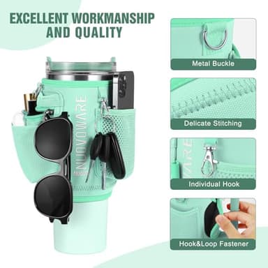 Nuovoware Water Bottle Carrier Bag Fits Stanley Quencher 40OZ, Water Bottle Holder with Strap and Pocket, Neoprene Water Bottle Pouch Sleeve Sling Bag for Hiking Travelling Camping, Mint Green - Image 6