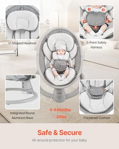 VEVOR Baby Swing, 5-Speed Portable Infant Swing with Remote Control, Touch Panel, Bluetooth Music, 10 Preset Lullabies & 5-Point Safety Harness for 0-9 Month Boys Girls Up to 20lbs - Image 6