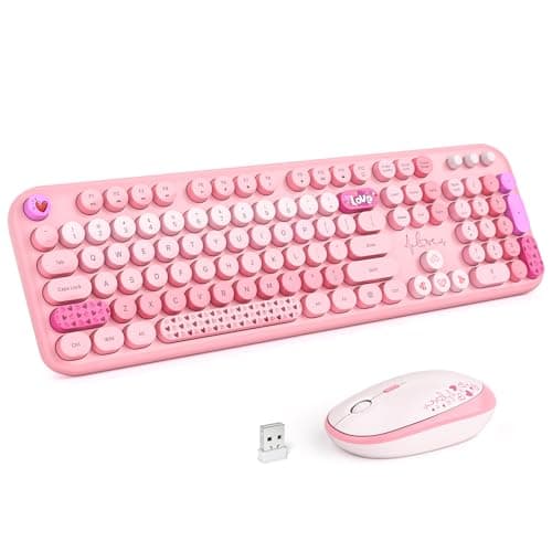 MOFII Wireless Keyboard and Mouse Combo, Full Size 2.4G Plug and Play Typewriter Retro Round Computer Keyboard and Mouse Set for Windows, Computer, Desktop, PC, Notebook - (Pink Colorful) - Image 1