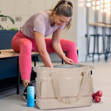 ETRONIK Gym Bag for Women, 47L Carry On Travel Duffel Bag with Shoes Compartment, Weekender Overnight Bag with Wet Pocket & USB Charging Port for Women, Travel, Gym, Weekend, Large Size (Khaki) - Image 2