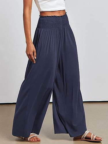 ANRABESS Women Palazzo Pants Summer Boho Bagyy Wide Leg High Smocked Waist Casual Loose Lounge Pant with Pocket Deep Blue X-Large - Image 4