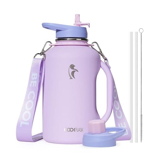 Coolflask Half Gallon Water Bottle with Straw, 64 oz Insulated Stainless Steel Water Jug With Handle Metal Double-Walled Vacuum Large Flask With Strap Leakproof, Keep Cold 48 Hrs Hot 24hrs, Lavender - Image 1