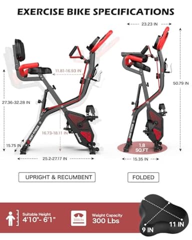 pooboo Folding Exercise Bike - 4-in-1 Magnetic X-Bike, Foldable Upright Indoor Cycling Stationary Bike with 8-Level Resistance, Pulse Sensor, Arm Resistance Bands, Back Support Cushion & Bottle Holder - Home Gym Workout Equipment - Image 6