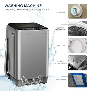 Portable Washing Machine, 25 LBS Full Automatic Washer with 10 Programs & 8 Water Levels, Top Load Clothes Washing Machines with LED Display for Home, Apartment, Grey - Image 5