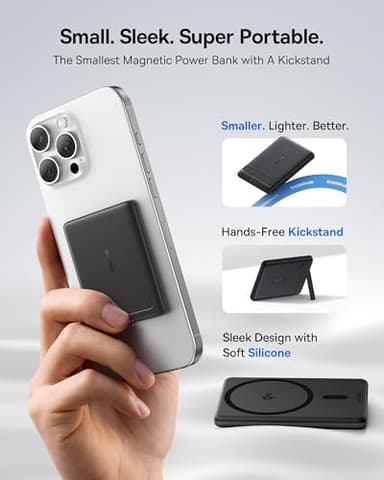 Baseus Picogo Power Bank, Smallest 5000mAh Magnetic Portable Charger with Stand, Qi2 Certified 15W Ultra-Mini MagSafe Battery Pack, Alloy Wireless Travel Fast Charger for iPhone 17/16 Series(Black) - Image 4