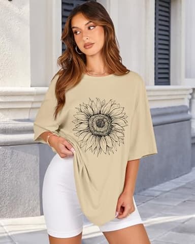 Womens Oversized Tshirt Graphic Tees Crew Neck Summer Short Sleeve Loose Fit Tops (A-Sunflower Print Khaki, L) - Image 3