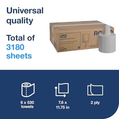 Tork Centerfeed Hand Towel White One-at-a-time Dispensing, M23 Compatible 6 Rolls x 530 Sheets (RC530) - Image 2