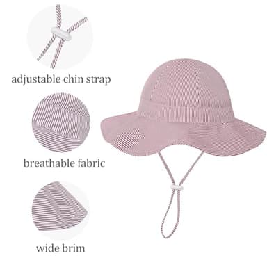 EAU LAYAMEN Baby Girl Sun Hat Infant Summer Beach Hats with UPF 50+ Toddler with Wide Brim Strap Outdoor Bucket Hat Burgundy Stripe 12-24 Months - Image 4