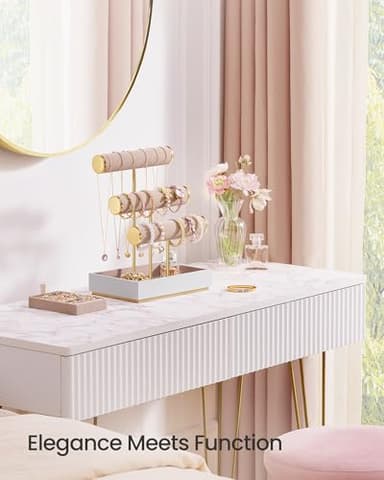 SONGMICS Bracelet Holder Stand, Jewelry Display Stand, Jewelry Organizer, with 3 Tiers and Velvet Tray, Removable Ring Holder, Cloud White and Camel Brown UJJS027A01 - Image 4