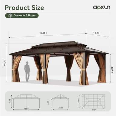 Aoxun 12'x20' Hardtop Gazebo, Aluminum Frame Permanent Pavilion with Curtains and Netting, Outdoor Polycarbonate Double Roof Canopy, Designed for Garden, Lawns, Patio - Image 8