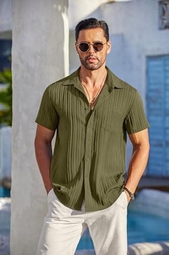COOFANDY Mens Summer Shirts Short Sleeve Casual Linen Shirts for Men Hawaiian Beach Shirt Army Green - Image 2