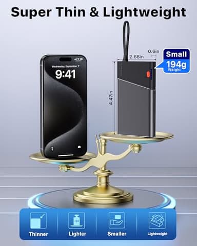 Aaoyun Portable Charger Power Bank, 10000mAh 22.5W PD Super Fast Charging Powerbank with Built-in USB C in&Out Cable, Slim External Phone Battery Pack for iPhone 17/16 Samsung S24 etc (Grey) - Image 7