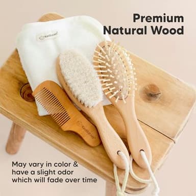 Baby Hair Brush and Comb Set for Newborn - Wooden Baby Hair Brush Set with Soft Goat Bristle, Baby Brush Set for Newborns Baby Brush and Comb Set Girl, Boy, Toddler Cradle Cap Brush (Oval, Walnut) - Image 7