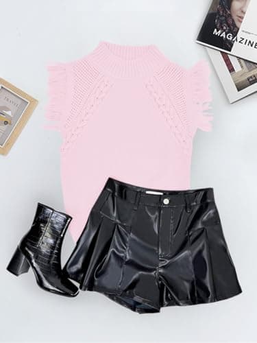 Saodimallsu Womens Mock Neck Sleeveless Sweater Vest Cable Knit Fringe Cap Sleeve Boho Trendy Pullover Tank Tops Pink - Image 4