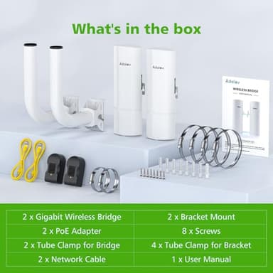 Gigabit Wireless Bridge with Mounts, 5.8G Point to Point Extender, 3KM Outdoor WiFi Bridges with 16dBi Antenna for Barn, Garage, RV, Farm, CCTV/IP Camera, Starlink Network Extension, Network Sharing - Image 6