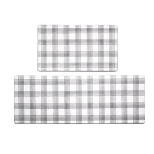 FRESHMINT Modern Farmhouse Plaid 2 Piece Set Kitchen Mats for Floor Anti Fatigue Waterproof & Non-Skid Kitchen Rugs Cushioned Kitchen Mat for Standing Washable Comfort Desk Kitchen Runners - Image 1