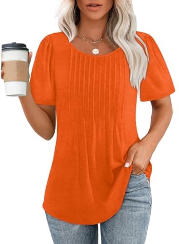 Womens Summer Tops Cute Solid Plain Short Sleeve Dressy Casual T Shirts Curved Hemline Shirts Women's Clothing Orange 3XL - Image 1