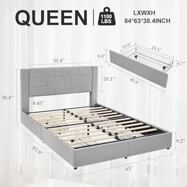 VECELO Queen Upholstered Bed Frame with 4 Storage Drawers, with Type A & C USB Charging Station and Velvet Headboard, No Box Spring Needed, Easy to Assemble, Light Gray - Image 3