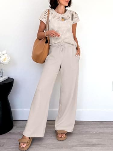 ANRABESS Women Two Piece Outfits Crochet Sheer Knit Sweater Top Wide Leg Pants Lounge Matching Sets Sweatsuit Travel Clothes Aprioct Medium - Image 5