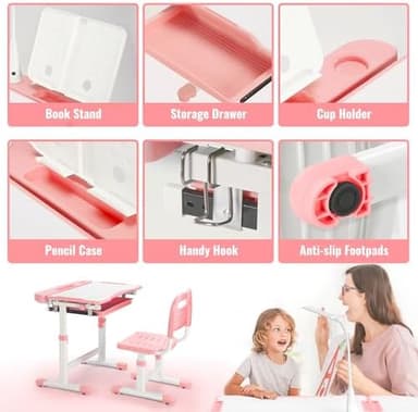Rengue Kids Desk and Chair Set, Height Adjustable Children School Functional Study Desk with 55° Tiltable Desktop, 3 Modes & Brightness LED Light, Storage Drawer & Metal Hook for Boys Girls (Pink - Image 6