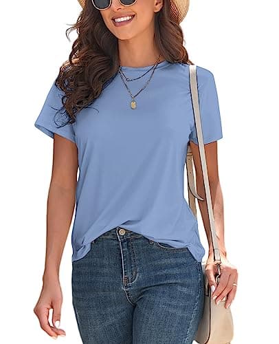 KevaMolly Basic Blue T Shirts for Women UPF 50+ Short Sleeve Casual Solid Summer Tops Trendy Solid Loose Fit Tshirt M - Image 1
