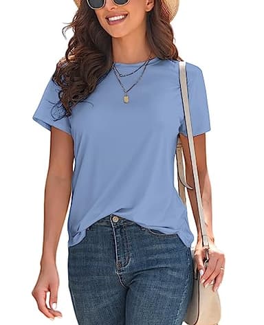 KevaMolly Basic Blue T Shirts for Women UPF 50+ Short Sleeve Casual Solid Summer Tops Trendy Solid Loose Fit Tshirt M - Image 1