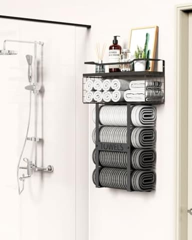 Wall Mounted Towel Rack for Bathroom - Bath Storage Holder Set Above Toilet, Rolled Towel Shelf Organizer, Wood Vertical Rack for Small Bathroom Decor, Black - Image 2