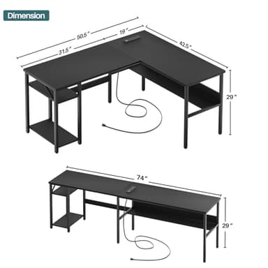 Unikito Reversible L Shaped Desk with Magic Power Outlets and USB Charging Ports, Sturdy Corner Computer Desk with Storage Shelves, Gaming Table Home Office Desk, Easy to Assemble, Black - Image 3